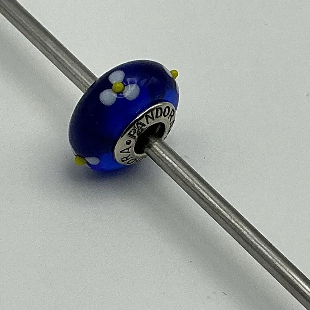 Blue Flowers Retired Pandora Charm, Murano Glass